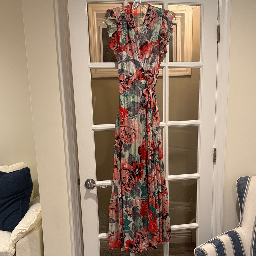 Jane Wood French Elegant Floral Maxi Dress with Ruffle Sleeve size small